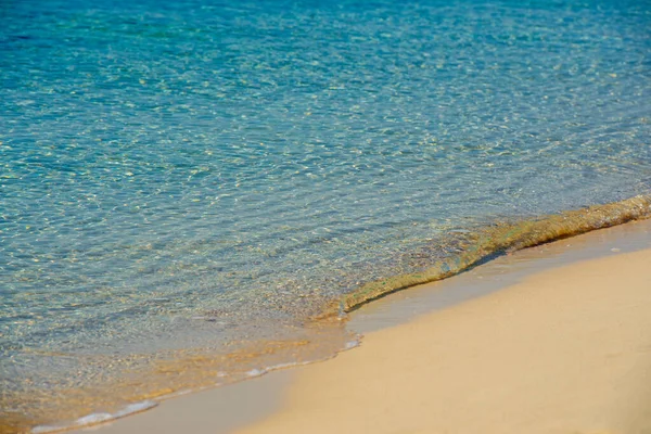 Närbild Utsikt Över Tom Sandig Tropisk Strand Strandlinje Till Öppet — Stockfoto