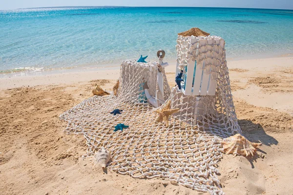 Primo Piano Nozze Decorazioni Romantiche Sull Isola Tropicale Spiaggia Sabbiosa — Foto Stock