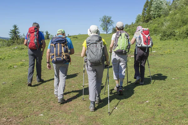 Groep Wandelliefhebbers Wandelen Het Platteland — Stockfoto