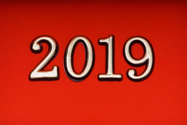 Happy New Year 2019, Golden 3D Numbers, New 2019 Year 3d Text on Red Background, Greeting Card Design Template