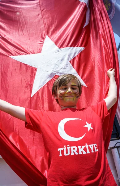 Boy and Waving National Turkey Flag of Silk — Stock Photo, Image