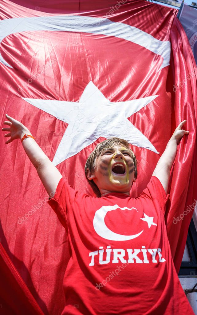 Boy and Waving National Turkey Flag of Silk