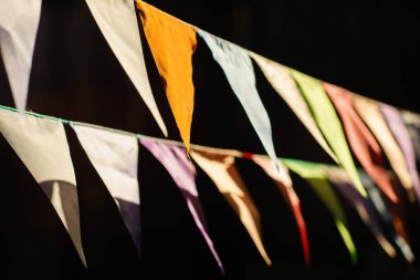 Karnaval Garland bayraklar, Doğum günü kutlama, Festival ve adil dekorasyon, dekoratif parti flamalar ile asılı bayrakları, kiraz kuşu bayrakları, ipe asılı, arka plan kiraz kuşu üçgen kumaşlar 