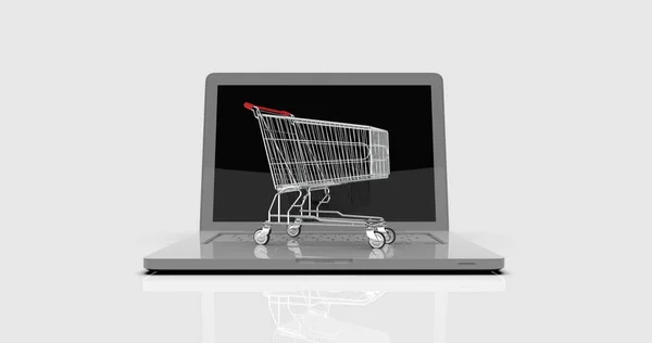 Shopping Cart Laptop Commerce Trolley Front Laptop Online Shopping Online — стокове фото