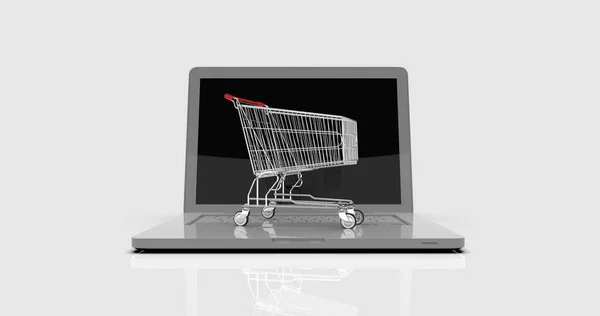 Carrinho Compras Laptop Commerce Trolley Front Laptop Online Shopping Negócios — Fotografia de Stock