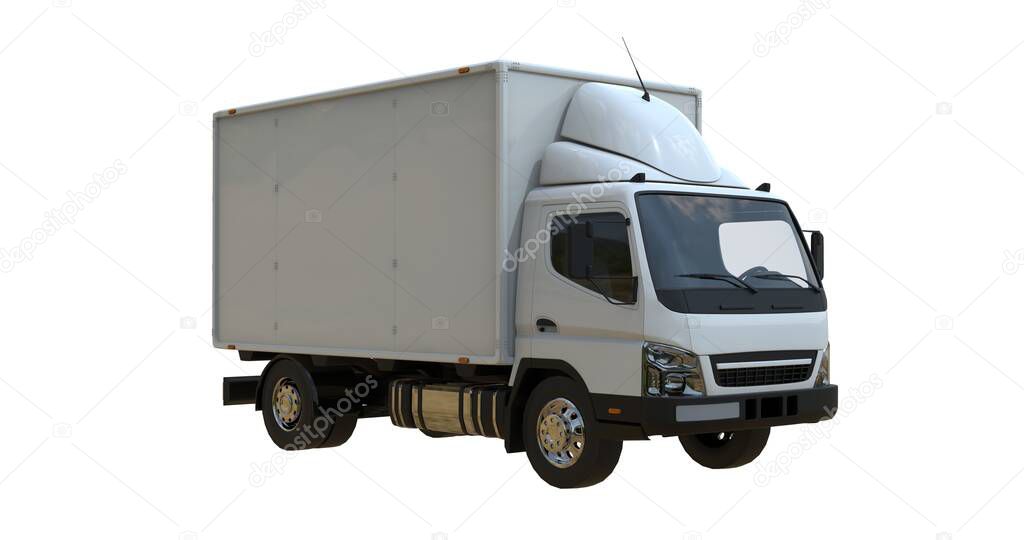 White commercial delivery truck on a white background isolated, template element infographic, postal truck, express, fast delivery, white delivery truck icon, transporting service