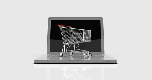 Carrinho Compras Laptop Commerce Trolley Front Laptop Online Shopping Negócios — Fotografia de Stock