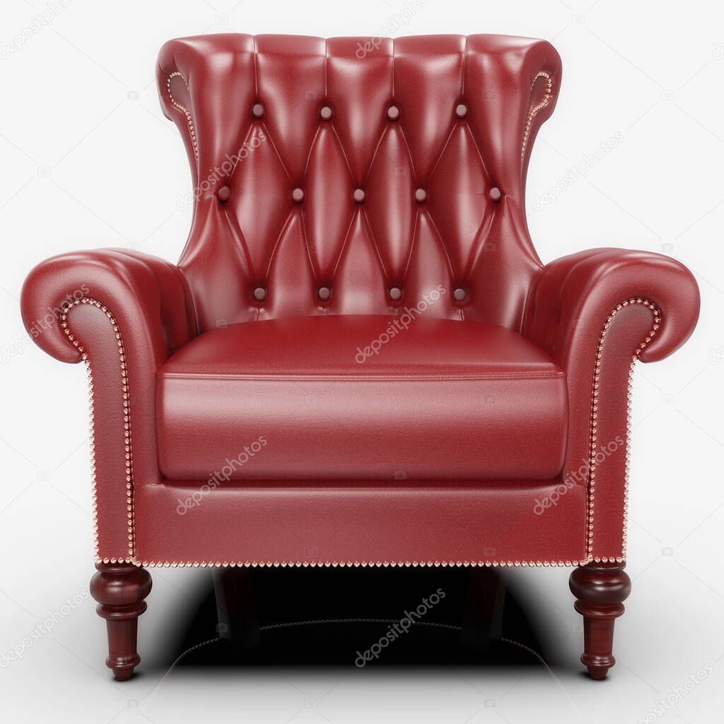 Red comfortable ofice leather armchair, vintage boss armchairon gray background, concept for free position, career, head hunter