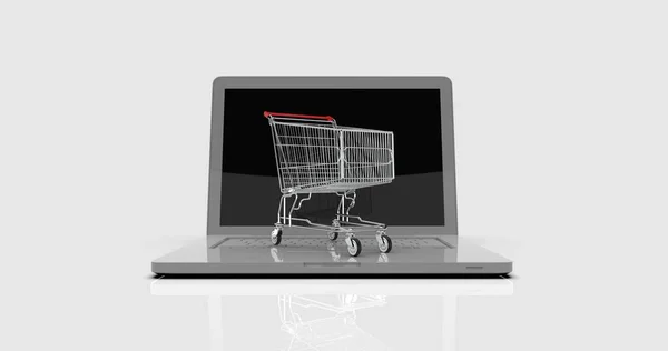 Carrinho de Compras no Laptop, E-commerce — Fotografia de Stock