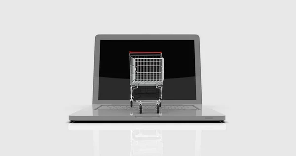 Carro de la compra en el ordenador portátil, E-commerce —  Fotos de Stock
