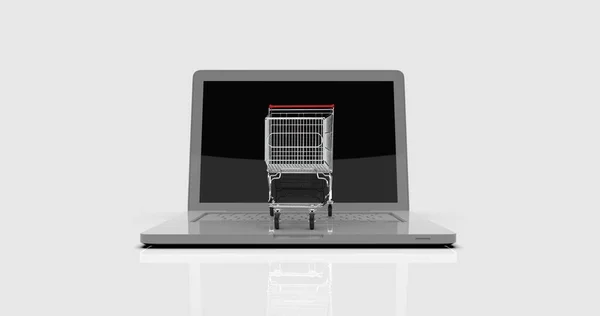 Carro de la compra en el ordenador portátil, E-commerce —  Fotos de Stock