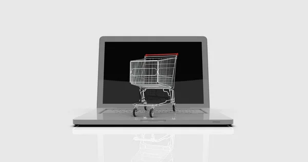 Shopping Cart Laptop Commerce Trolley Front Laptop Online Shopping Online — стокове фото