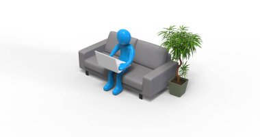 3D illüstrasyon: İçişleri Bakanlığı 'nda Dizüstü bilgisayarla çalışan karakter adamı, Uzak Mesafe Karantinası, Çevrimiçi Eğitim Sınıfı Konferansı, Müşteri Danışmanı