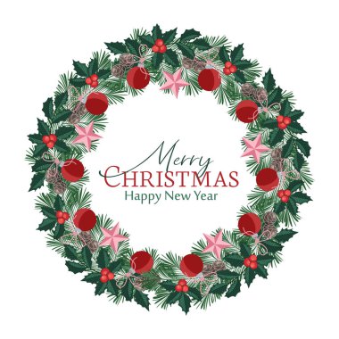 Süslü Noel çelenginin vektör çizimi. Noel topları ökseotu dalında