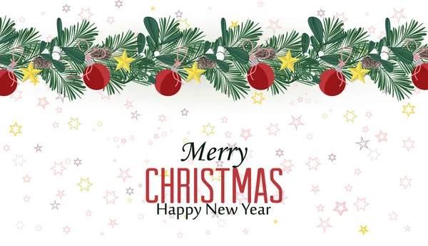 ベクトルイラスト装飾品とクリスマス装飾の枝 ハッピークリスマスグリーティングカード — ストックベクタ