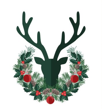Ökse otlu geyik boynuzlarının vektör çizimi. Noel kartı.