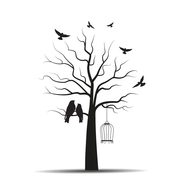 Árvore com gaiolas e pássaros — Vetor de Stock