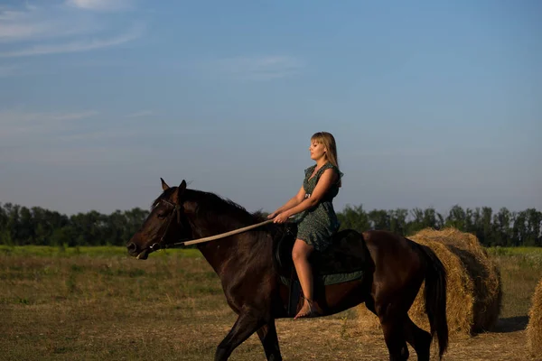 Giovane Bella Ragazza Con Cavallo Sulla Natura — Foto Stock