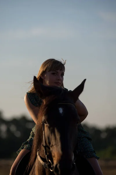 Giovane Bella Ragazza Con Cavallo Sulla Natura — Foto Stock