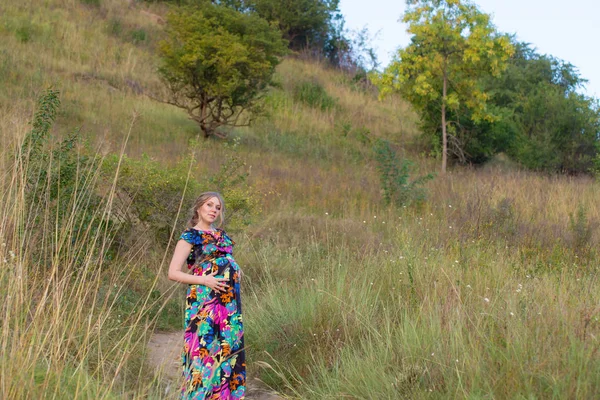 Session Photo Dans Nature Mignonne Fille Enceinte — Photo