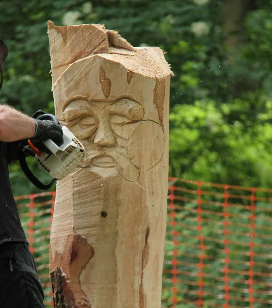 Creating Wooden Sculpture Using Chain Saw — Stock Photo, Image