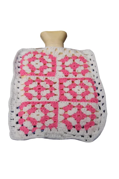 Een Roze Wit Gebreid Wollen Hot Water Bottle Cover — Stockfoto