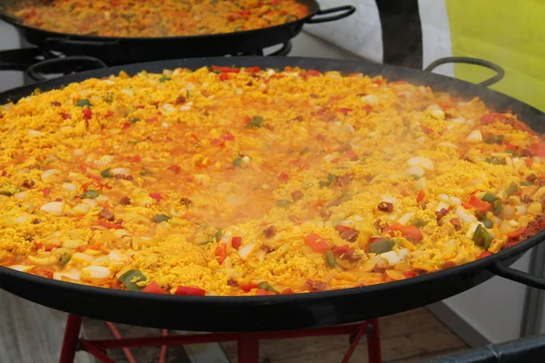 Freshly Made Paella Being Cooked Large Pans — Stock Photo, Image