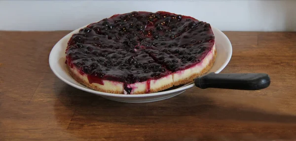 Una Grande Torta Formaggio Buffet Ribes Nero Appena Fatta — Foto Stock