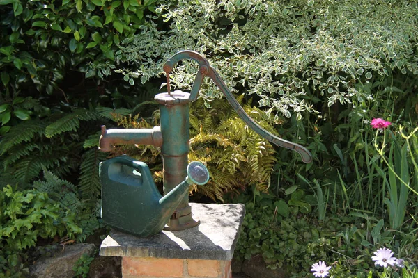 用水泵和水壶装饰的花园 — 图库照片