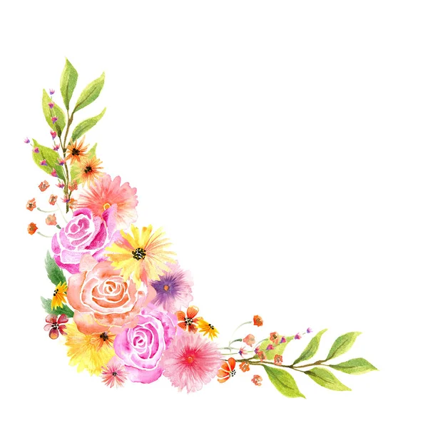 Aquarellblumen Eckstrauß Mit Rosen Gänseblümchen Und Stockrosen Leuchtenden Farben — Stockfoto