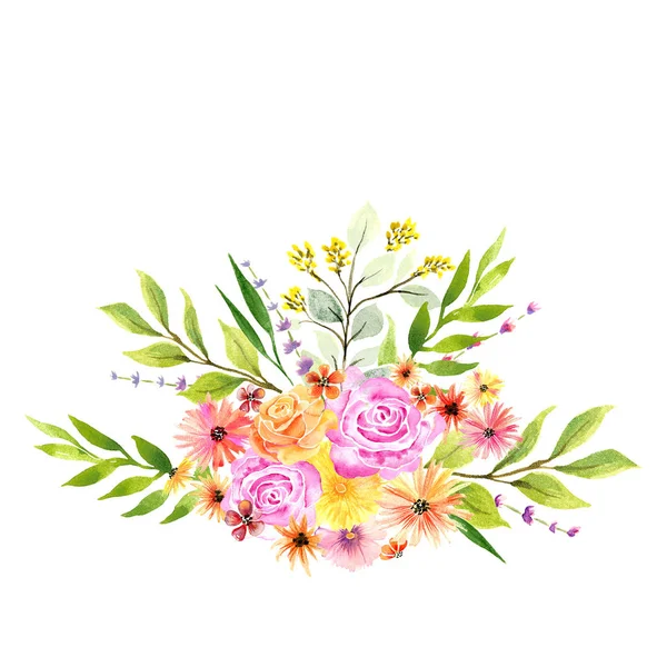 Aquarell Blumenboquet Mit Rosen Gänseblümchen Und Stockrosen Leuchtenden Farben — Stockfoto