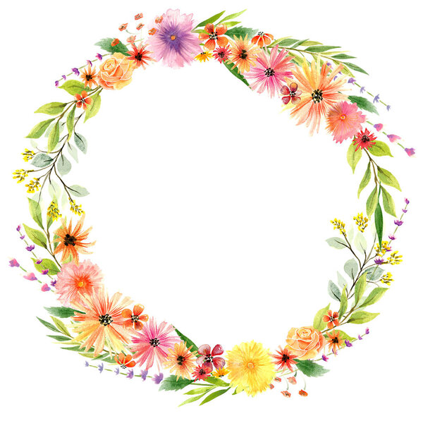 Watercolor floral wreath with roses, daisies and hollyhocks in vibrant colors