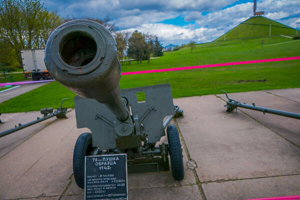 MINSK, BELARUS - MAY 01, 2018: Outdoor view of exhibition of military equipment since World War II near the memorial complex Hill of Glory in Minsk