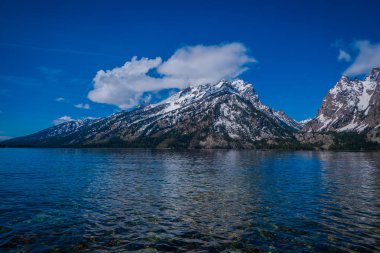 Güzel manzaralı kar dağ, su üzerinde yansıtan grand Tetons şapkalı.