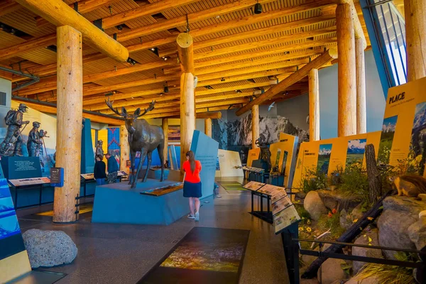 Jackson Hole, Wyoming EUA - 23 de maio de 2018: Vista interior das pessoas que apreciam a exposição no Craig Thomas Discovery Visitor Center, está aberta do início de março até o início de novembro — Fotografia de Stock
