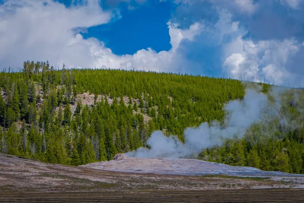 Belle vue sur le vieux bassin fidèle Geyser situé dans le parc national de Yellowstone, entouré de vapeur avec une montagne verdoyante derrière par une magnifique journée ensoleillée — Photo