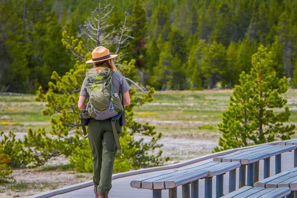 Yellowstone, Μοντάνα, ΗΠΑ 24 Μαΐου 2018: Εξωτερική άποψη της γυναικείας πάρκο δασοφύλακας φορούν μια πράσινη ομοιόμορφο με ένα σακίδιο, το ξύλινο μονοπάτι στην ανώτερη λεκάνη Geyser παλιά πιστοί — Φωτογραφία Αρχείου
