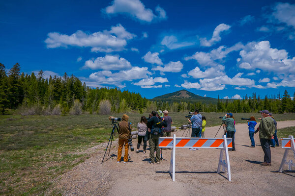 YELLOWSTONE, MONTANA, USA MAY 24, 2018: Unidentified people most them photographers taking pictures and enjoying the landscape of Grand Teton National Park, Wyoming