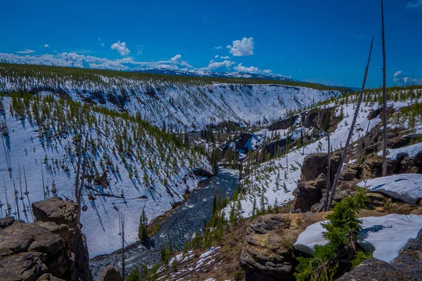 Vista aérea de las caídas más bajas, la cascada más popular en Yellowstone, se encuentra en la cabeza del Gran Cañón en el Parque Nacional Riverat Yellowstone, Wyoming — Foto de Stock