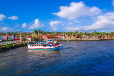 San Jorge, Nikaragua. 11 Mayıs 2018: Tekne güzel açık manzarasına, bağlantı noktası, San Jorge: Ometepe Island için yola hazır bekler.