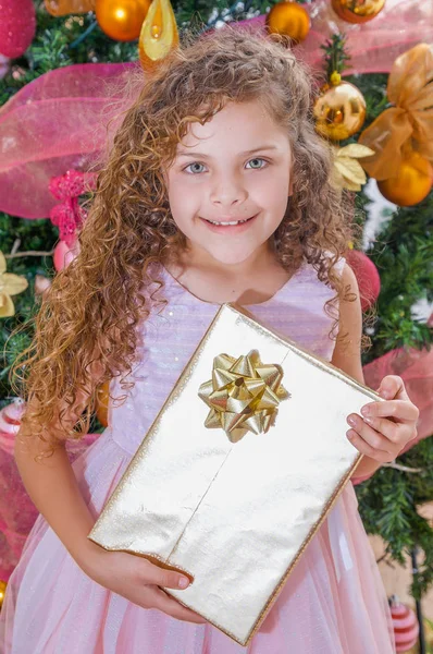 Primo piano di bella ragazza riccia sorridente indossa un abito rosa e tenendo in mano un enorme regalo, con un albero di Natale dietro, Natale e concetto di nuovo anno — Foto Stock