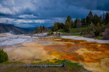 Yellowstone, Montana, ABD 02 Haziran 2018: insanlar bir sahil yürüyüş parkurları ve Albright ziyaretçi merkezi ile Mamut Kaplıcalar havuzları yürüyüş
