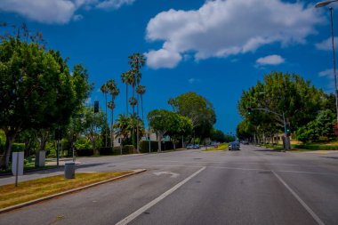 Los Angeles, Kaliforniya, ABD, Haziran, 15, 2018: Palm ağaçlar Beverly Hills ve Los Angeles, Kaliforniya, ABD, yolların dolaşan arabalar ünlü cadde ve ünlüler evleri sokağım