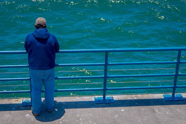 Outdoor View Unidentified Man Pier Wearing Blue Jacke Hat Jeans — Stock Photo, Image