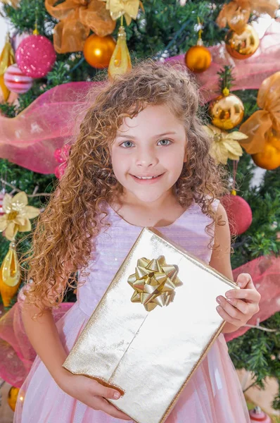 Belle fille bouclée souriante portant une robe rose et tenant un énorme cadeau dans ses mains, avec un arbre de Noël derrière, Noël et concept de nouvelle année — Photo