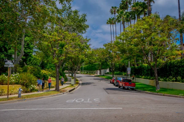 Los Angeles, California, USA, 15 giugno 2018: Palm trees street a Beverly Hills e le auto che circolano nelle strade di Los Angeles, California, USA, sono famose case di viali e celebrità. — Foto Stock