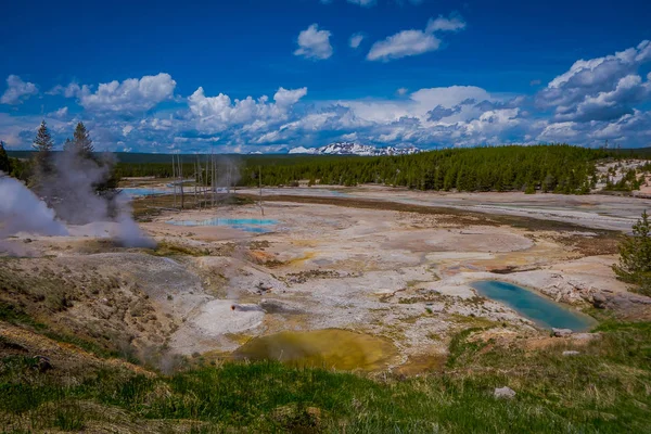 Piscinas de agua colorida salpican el paisaje de la cuenca del géiser Norris en el Parque Nacional de Yellowstone con una montaña parcialmente cubierta de nieve detrás — Foto de Stock