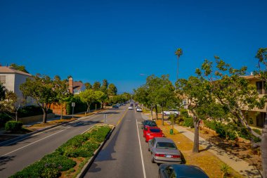 Los Angeles, Kaliforniya, ABD, Haziran, 15, 2018: Palmiye ağaçlarında sokak Beverly Hills ve Los Angeles, California yollar içinde dolaşan arabalar
