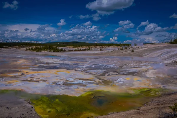 Piscinas térmicas opacas a vapor na bacia de Norris Geyser. Yellowstone National Park, Wyoming, em belo céu azul e dia ensolarado — Fotografia de Stock