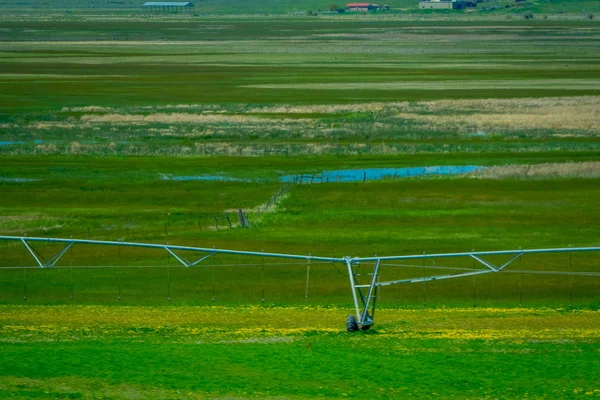 Çayır ve Yellowstone Milli Parkı içinde bulunan bir çiftlik, bir su sulama ile yeşil çim açık görünümü — Stok fotoğraf